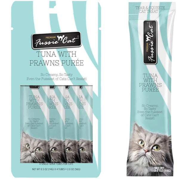 Fussie Cat Tuna with Prawns Puree Lickable Cat Treats, 0.5-oz x 4-tubes