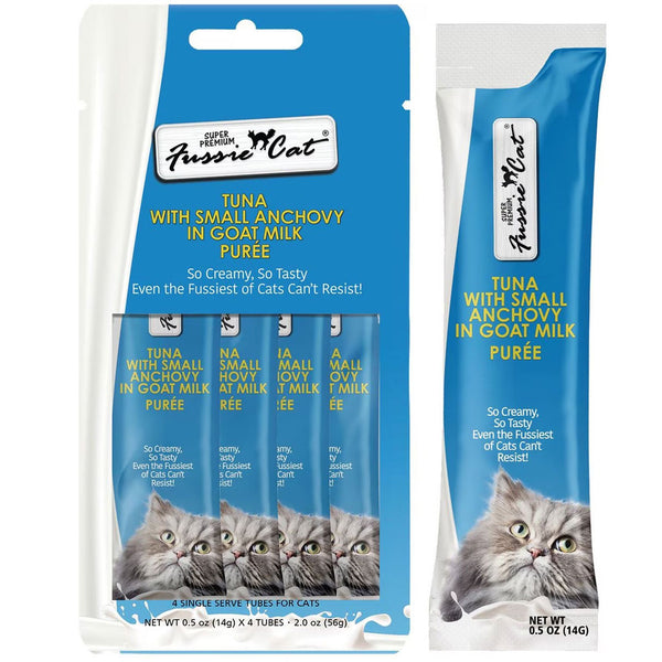 Fussie Cat Tuna with Small Anchovy in Goat Milk Puree Lickable Cat Treats, 0.5-oz x 4-tubes