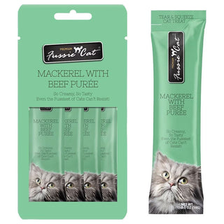 Fussie Cat Mackerel with Beef Puree Lickable Cat Treats, 0.5-oz x 4-tubes