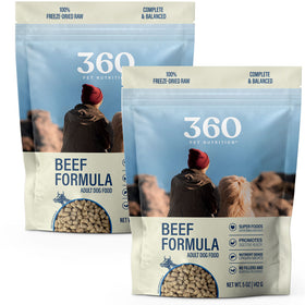 Two packages of 360 Pet Nutrition Beef Formula dog food on a white background