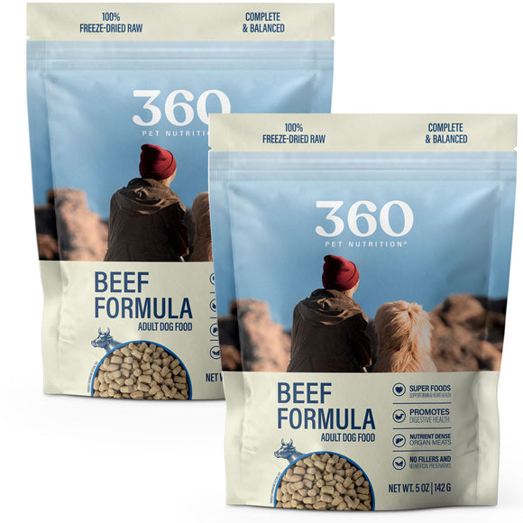 Two packages of 360 Pet Nutrition Beef Formula dog food on a white background