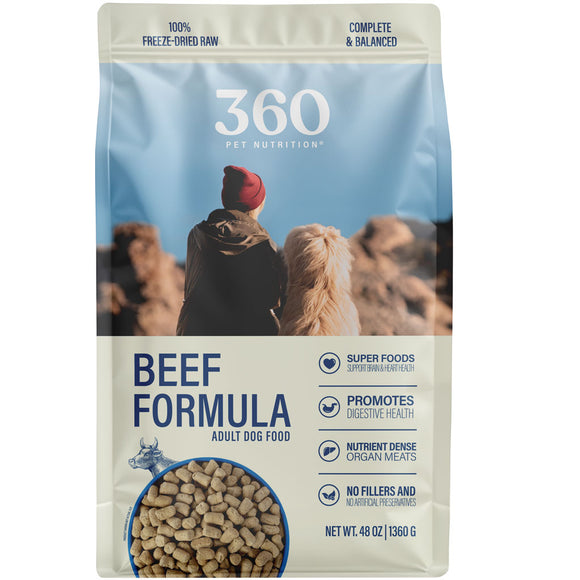360 Pet Nutrition Beef Formula dog food package with a person and dog in the background.