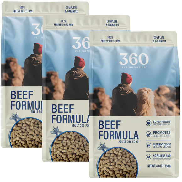 Three packages of 360 Pet Nutrition Beef Formula dog food on a white background