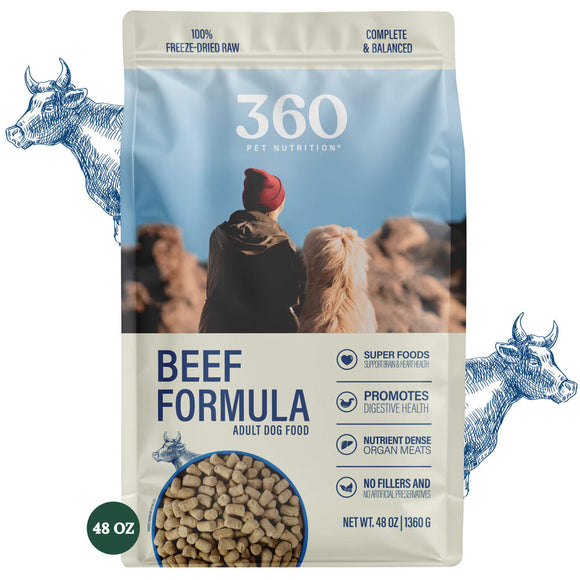 360 Pet Nutrition Beef Formula dog food package with images of a person and animals on a blue background.