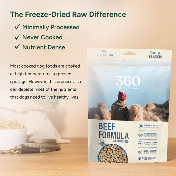 360 Pet Foods beef formula package on a wooden surface with text about freeze-dried raw dog food.