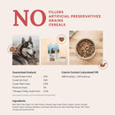 Dog food product with guaranteed analysis, calorie content, and ingredient list on a white background.