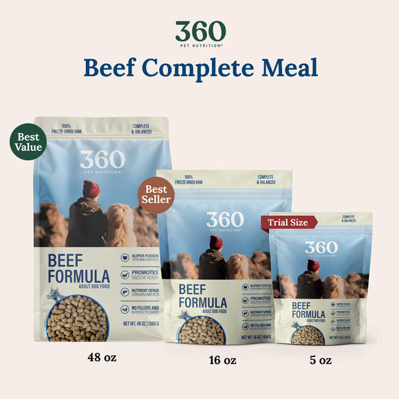 Three packages of 360 Beef Complete Meal with different sizes on a white background