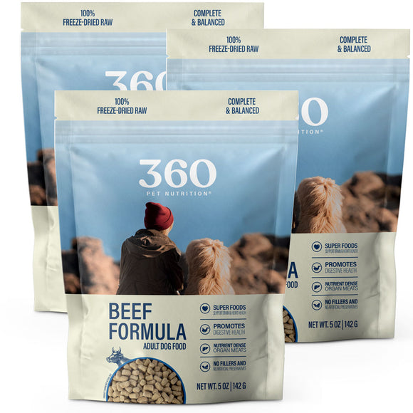360 Pet Nutrition beef formula dog food packages on a white background
