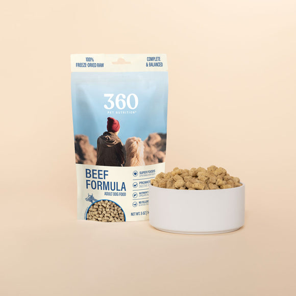 360 Pet Nutrition beef formula dog food packaging with a bowl of food on a beige background