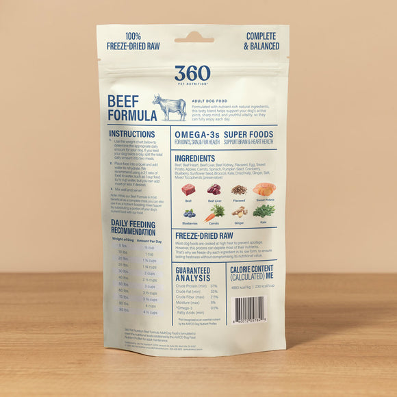 Package of 360 Pet Nutrition Beef Formula dog food on a wooden surface with a beige background