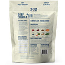 Back view of a 360 Pet Nutrition beef formula dog food package on a white background