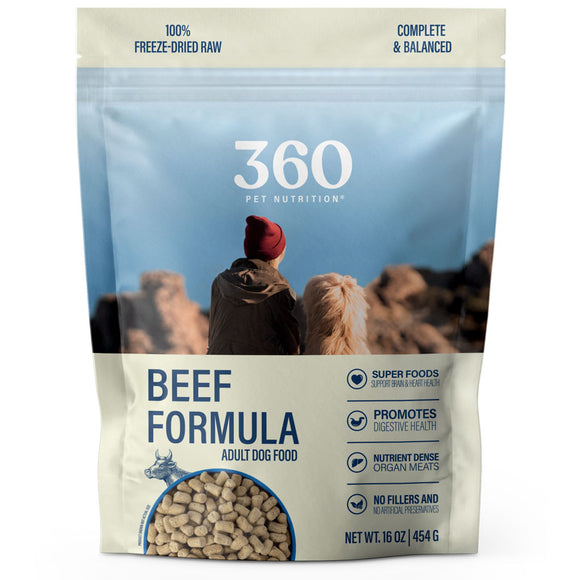 360 Pet Nutrition beef formula dog food package on a white background