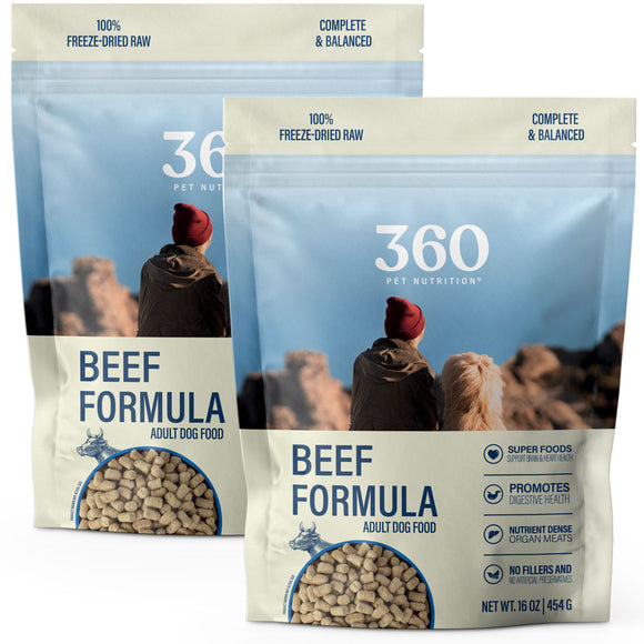 Two packages of 360 Pet Nutrition Beef Formula Adult Dog Food on a white background