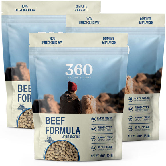 360 Pet Nutrition Beef Formula dog food packages on a white background