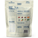 Dog food package with beef formula on a white background