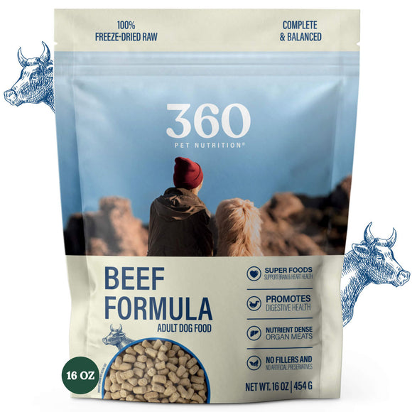 360 Pet Nutrition Beef Formula dog food package on a white background