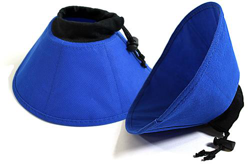 Two blue pet cones with black drawstrings on a white background