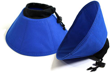 Two blue pet cones with black drawstrings on a white background