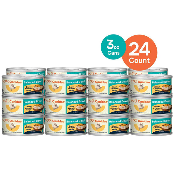 Multiple cans of Candida Balanced Bowl cat food with a '3 oz Cans 24 Count' label on a white background.