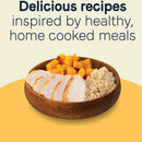 Wooden bowl with sliced chicken, rice, and carrots on a yellow background with text about healthy home-cooked meals.