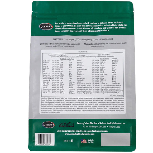 Back view of a green Equerry product packaging with text and labels.