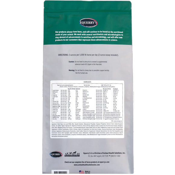 Back view of a supplement package with Equerry's branding and nutritional information.