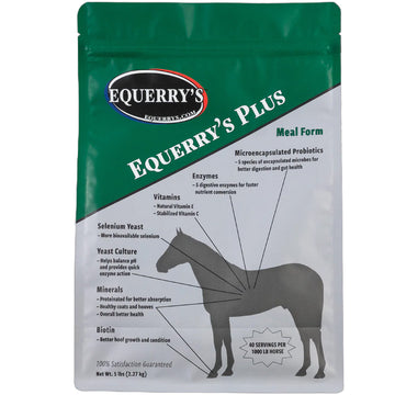Package of Equerry's Plus horse supplement with green and white design.