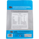 Back of a blue and gray package with text and a barcode on a white background