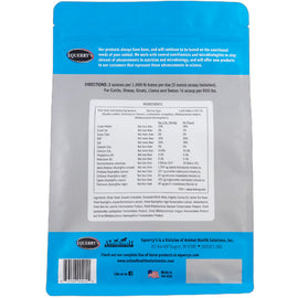 Back of a blue and gray package with text and a barcode on a white background