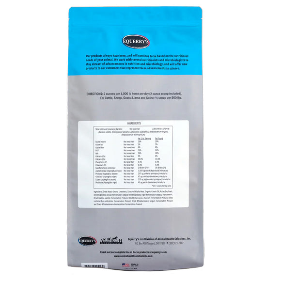 Back view of a gray and blue Equeerry pet food package with text and labels.