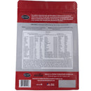 Back view of a red and gray package with text and labels on a white background