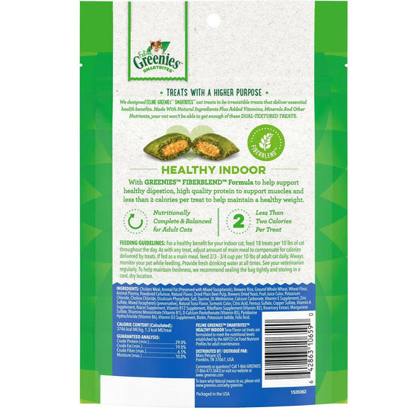 Greenies Feline SmartBites Healthy Indoor Tuna Flavor Cat Treats backside