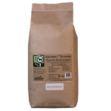 Brown paper bag of Equerry's Economy Equine Supplement on a white background