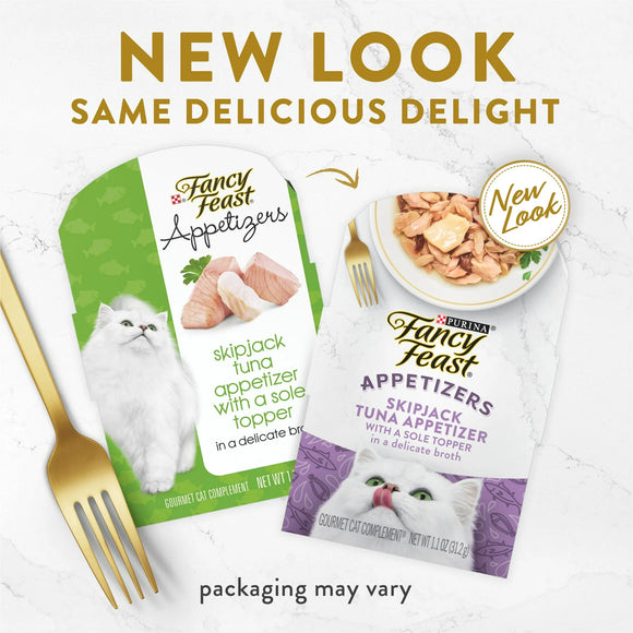 Fancy Feast Appetizers, Skipjack Tuna with a Sole Topper, Lickable Cat Treats, 1.1-oz tray, case of 10