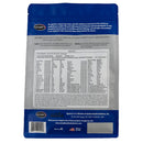 Back view of a blue and gray supplement package with text and nutritional information.