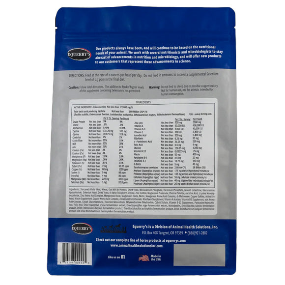 Back view of a blue and gray supplement package with text and nutritional information.