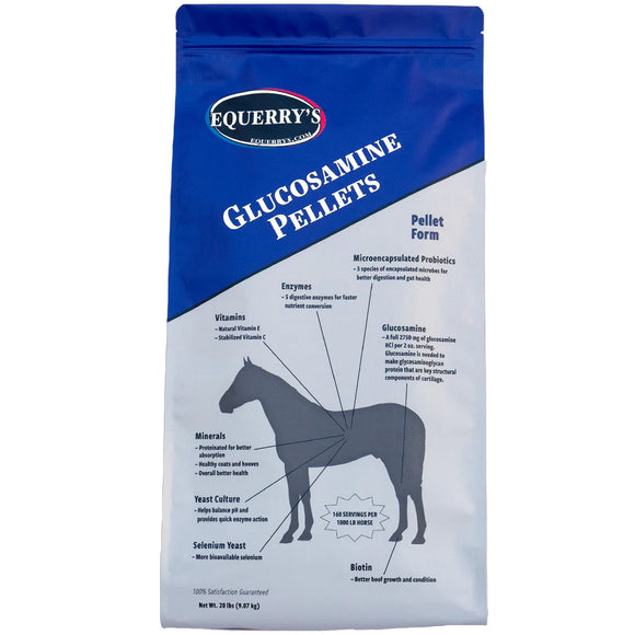 Package of Equerry's Glucosamine Pellets for horses on a white background