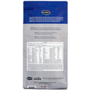 Back view of a blue and gray package with nutritional information on a white background