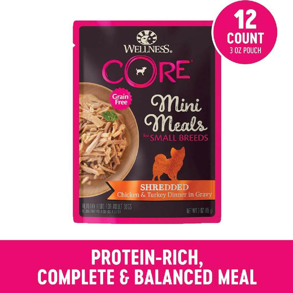 Wellness CORE Grain-Free Small Breed Mini Meals Shredded Chicken & Turkey in Gravy Wet Dog Food (3 oz x 12 pouches)