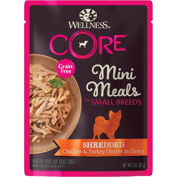 Wellness CORE Grain-Free Small Breed Mini Meals Shredded Chicken & Turkey in Gravy Wet Dog Food (3 oz x 12 pouches)