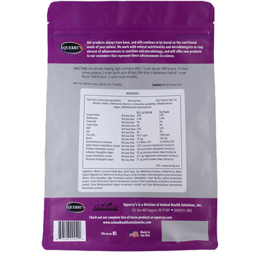 Back view of a purple pet food package with text and ingredients list on a white background