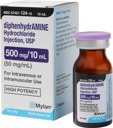 A vial and packaging for Diphenhydramine Hydrochloride Injection, USP, with labeling indicating 500 mg/10 mL (50 mg/mL) for intravenous or intramuscular use, high potency, and 'Rx only'.