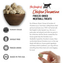 Chicken Parmesan freeze-dried meatball treats with product details on a white background