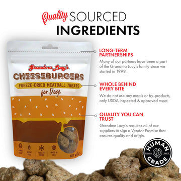 Package of Grandma Lucy's Cheeseburgers Freeze-Dried Meatball Treats for Dogs with text about quality ingredients and partnerships.
