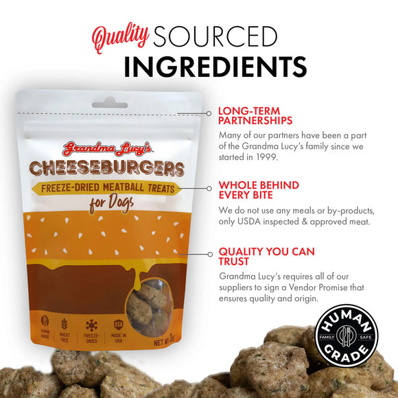 Package of Grandma Lucy's Cheeseburgers Freeze-Dried Meatball Treats for Dogs with text about quality ingredients and partnerships.