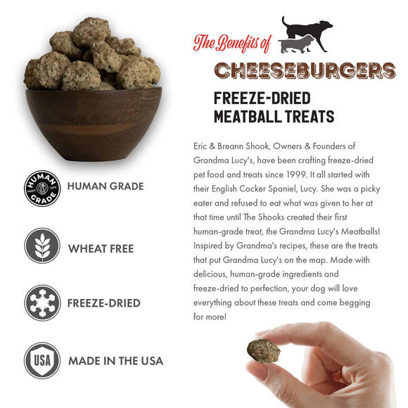 Advertisement for freeze-dried meatball treats with a bowl of treats, text about benefits, and a hand holding a treat.
