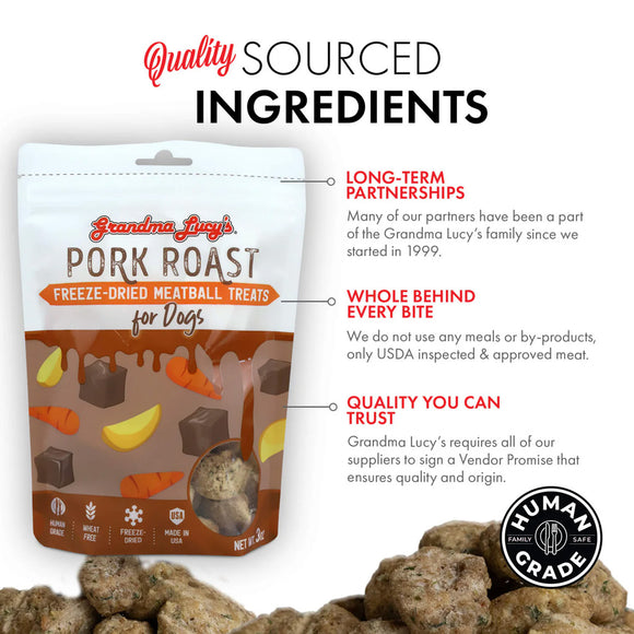 Grandma Lucy's Pork Roast freeze-dried meatball treats for dogs with quality sourcing information.
