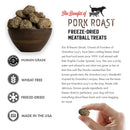Pork roast freeze-dried meatball treats in a wooden bowl with product details on a white background.
