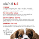 Dog's face with 'About Us' text and brand logo on a white background