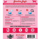 Back of a Grandma Lucy's pet food package with instructions and product details on a pink background.